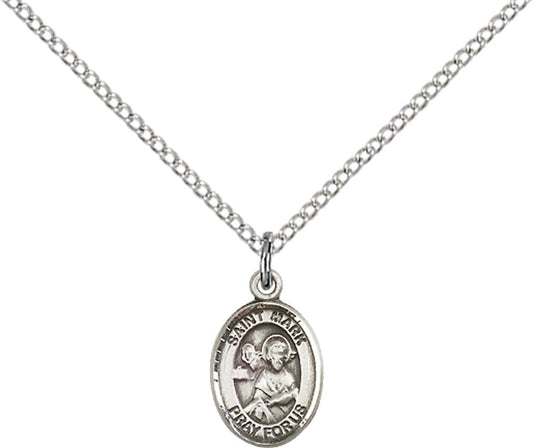 Sterling Silver St. Mark the Evangelist Pendant with 18 inch Sterling Silver Light Curb Chain - Small
