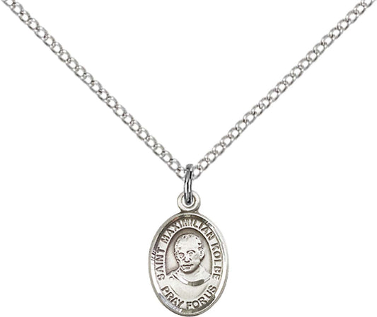 Sterling Silver St. Maximilian Kolbe Pendant with 18 inch Sterling Silver Light Curb Chain - Small