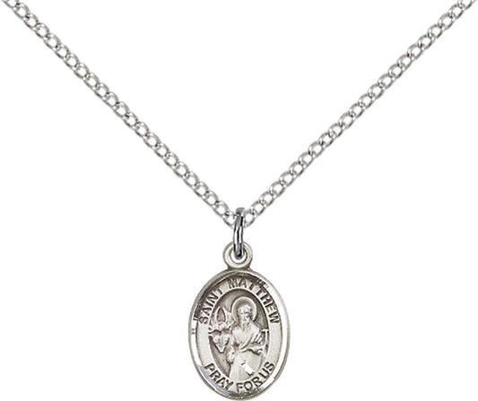 Sterling Silver St. Matthew the Apostle Pendant with 18 inch Sterling Silver Light Curb Chain - Small