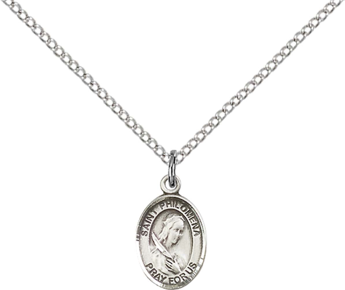 Sterling Silver St. Philomena Pendant with 18 inch Sterling Silver Light Curb Chain - Small