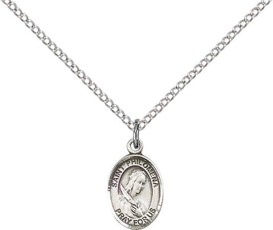 Sterling Silver St. Philomena Pendant with 18 inch Sterling Silver Light Curb Chain - Small