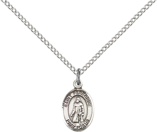 Sterling Silver St. Peregrine Laziosi Pendant with 18 inch Sterling Silver Light Curb Chain - Small