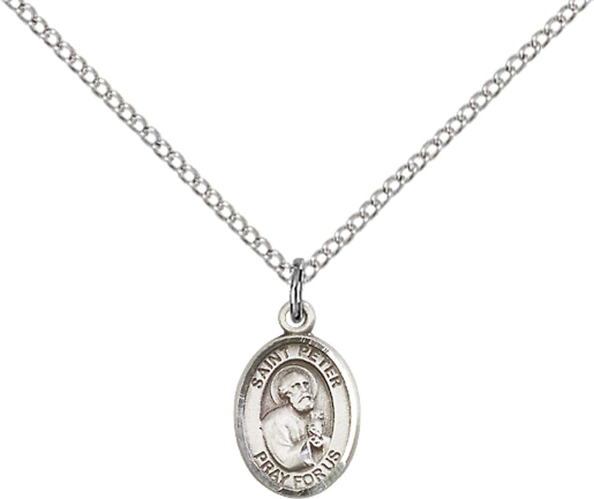 Sterling Silver St. Peter the Apostle Pendant with 18 inch Sterling Silver Light Curb Chain - Small