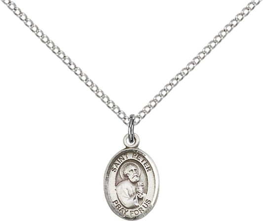 Sterling Silver St. Peter the Apostle Pendant with 18 inch Sterling Silver Light Curb Chain - Small