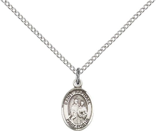 Sterling Silver St. Raphael the Archangel Pendant with 18 inch Sterling Silver Light Curb Chain - Small