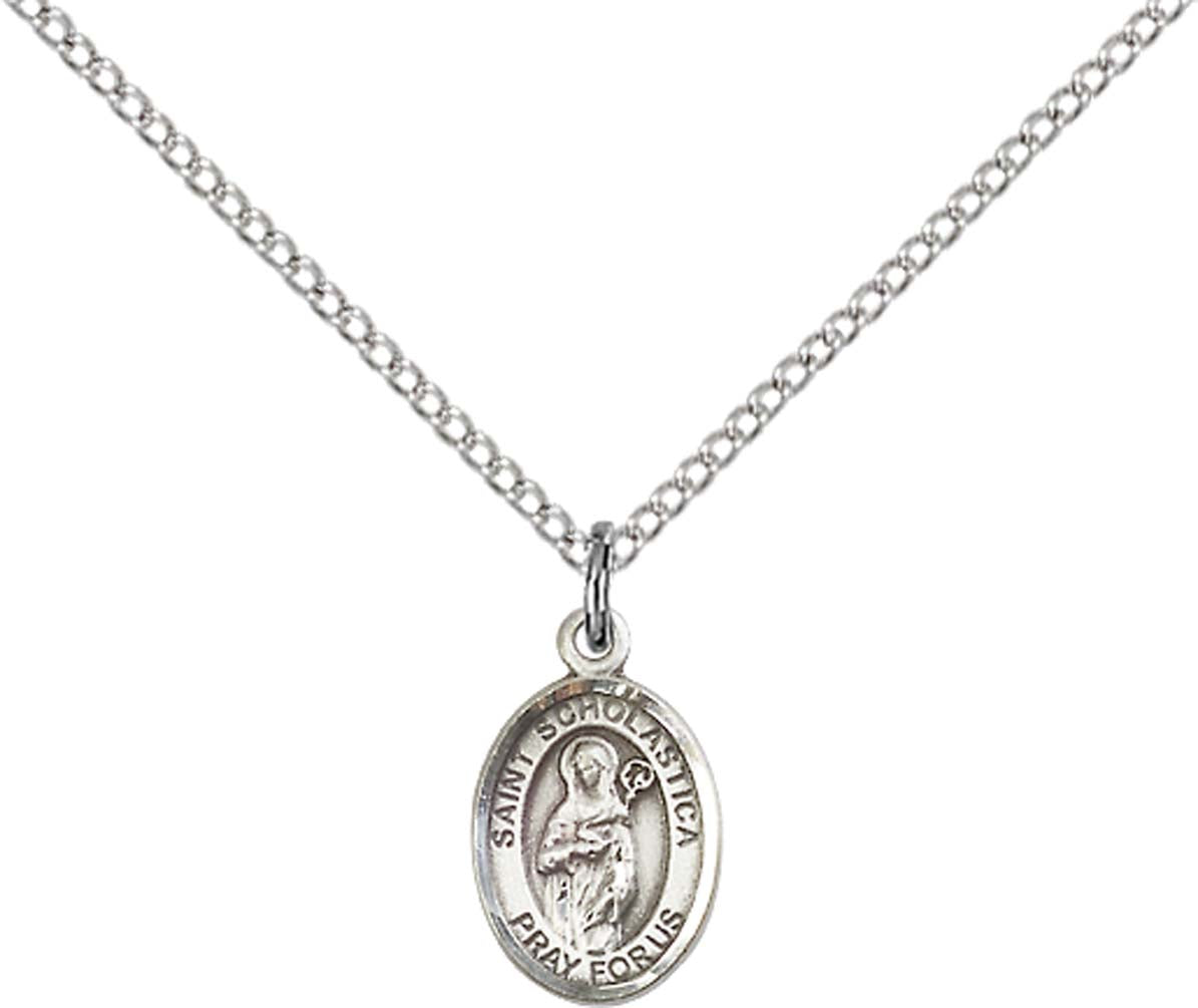 Sterling Silver St. Scholastica Pendant with 18 inch Sterling Silver Light Curb Chain - Small