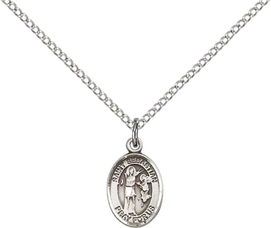 Sterling Silver St. Sebastian Pendant with 18 inch Sterling Silver Light Curb Chain - Small Sterling Silver
