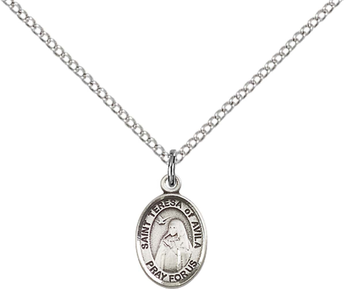 Sterling Silver St. Teresa of Avila Pendant with 18 inch Sterling Silver Light Curb Chain - Small