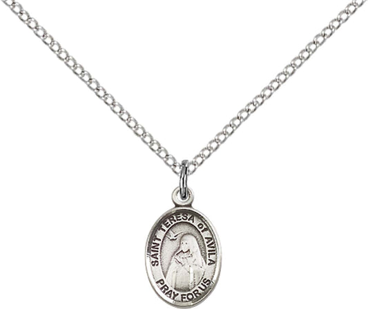 Sterling Silver St. Teresa of Avila Pendant with 18 inch Sterling Silver Light Curb Chain - Small