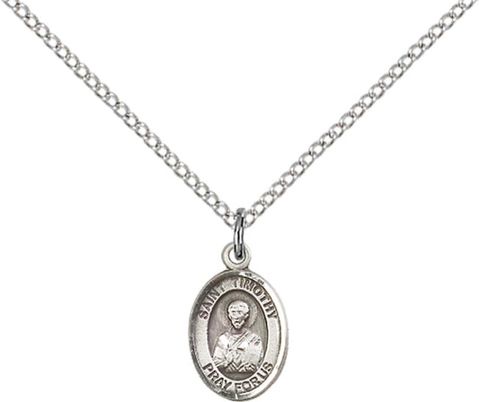 Sterling Silver St. Timothy Pendant with 18 inch Sterling Silver Light Curb Chain - Small