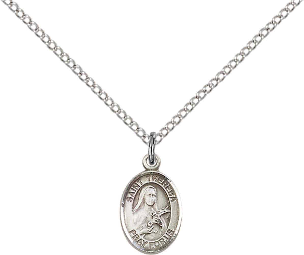 Sterling Silver St. Theresa Pendant with 18 inch Sterling Silver Light Curb Chain - Small