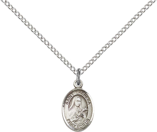 Sterling Silver St. Theresa Pendant with 18 inch Sterling Silver Light Curb Chain - Small