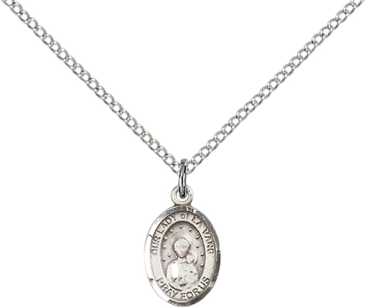 Sterling Silver O/L of La Vang Pendant with 18 inch Sterling Silver Light Curb Chain - Small