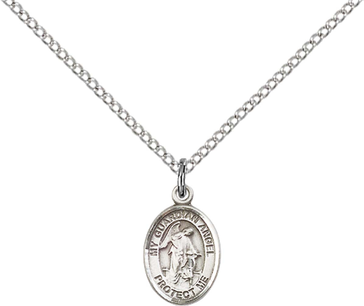 Sterling Silver Guardian Angel Pendant with 18 inch Sterling Silver Light Curb Chain