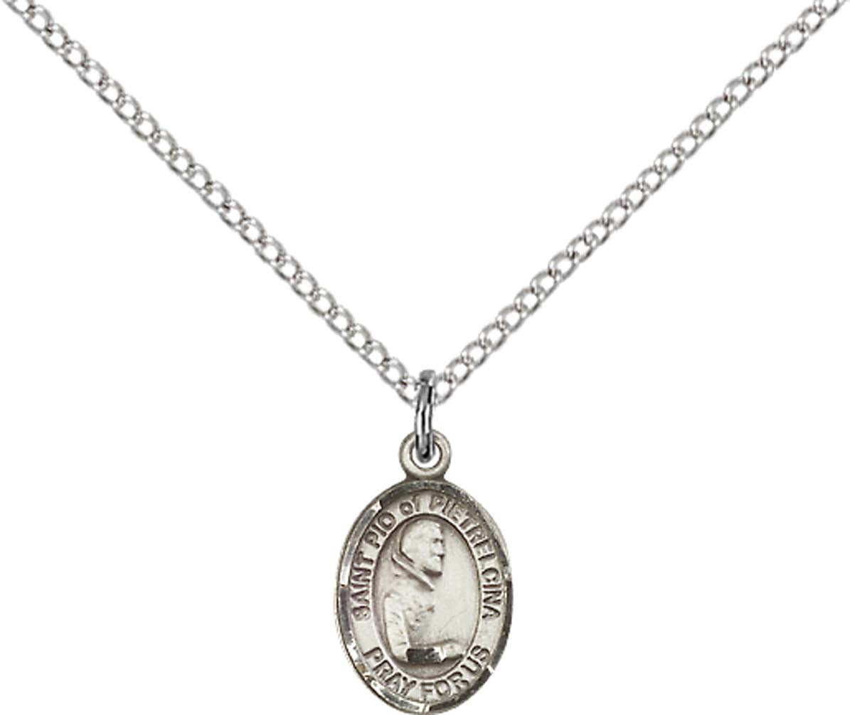 Sterling Silver St. Pio of Pietrelcina Pendant with 18 inch Sterling Silver Light Curb Chain - Small