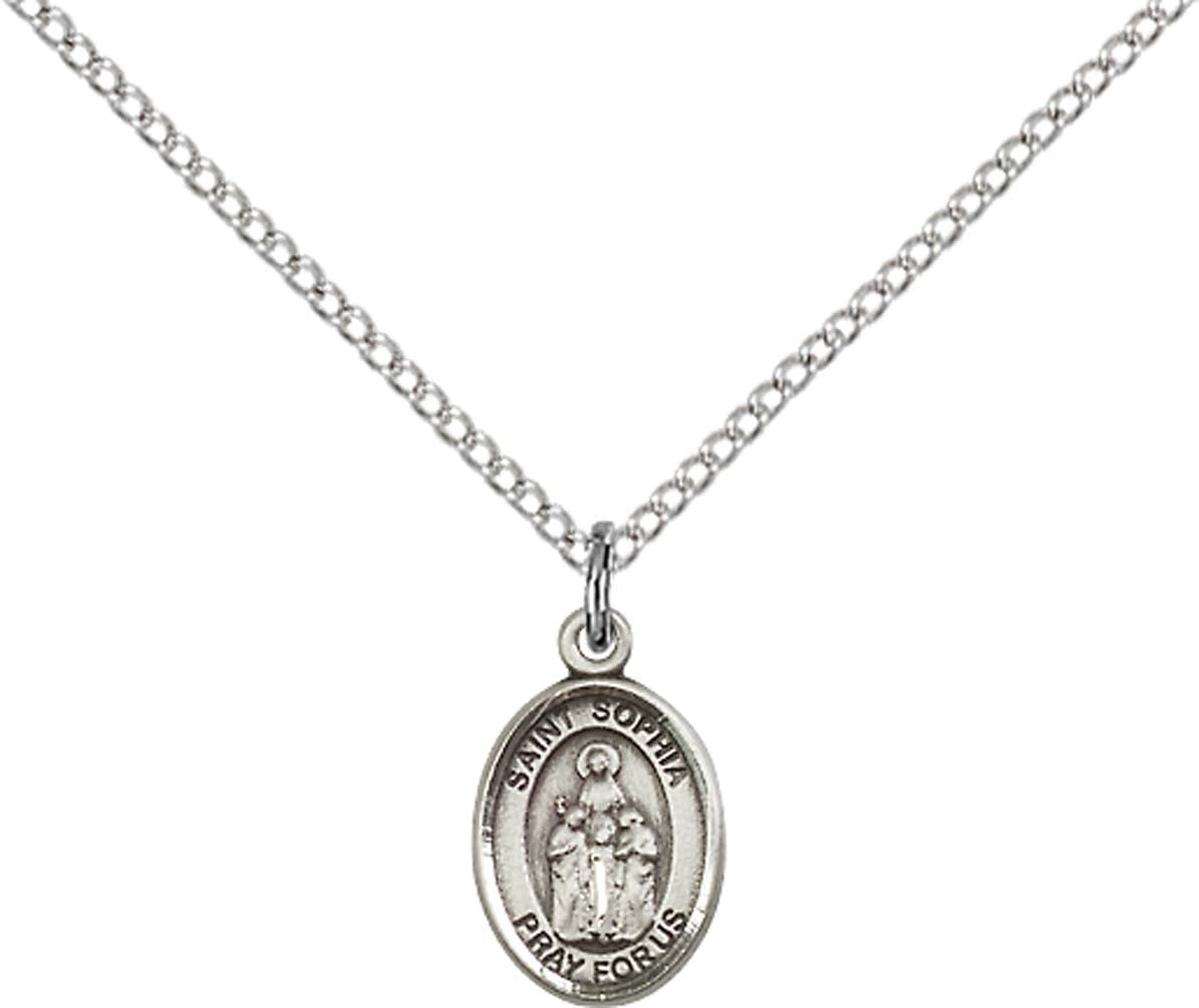 Sterling Silver St. Sophia Pendant with 18 inch Sterling Silver Light Curb Chain - Small
