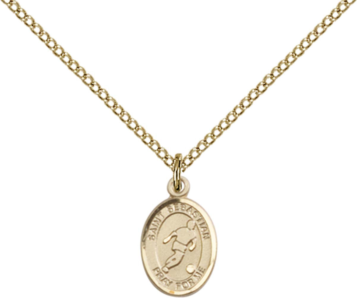 14kt Gold Filled St. Sebastian Pendant with 18 inch Gold Filled Light Curb Chain - Small Gold Filled Soccer