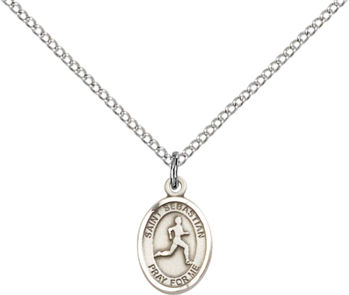 Sterling Silver St. Sebastian Pendant with 18 inch Sterling Silver Light Curb Chain - Small Sterling Silver Track & Field