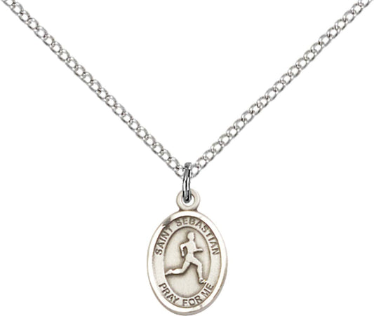 Sterling Silver St. Sebastian Pendant with 18 inch Sterling Silver Light Curb Chain - Small Sterling Silver Track & Field