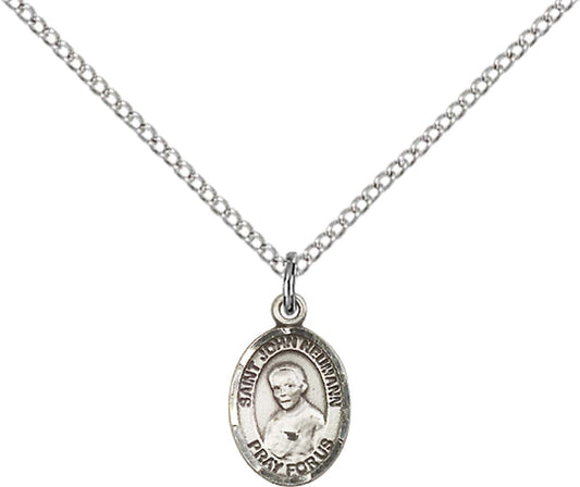 Sterling Silver St. John Neumann Pendant with 18 inch Sterling Silver Light Curb Chain - Small