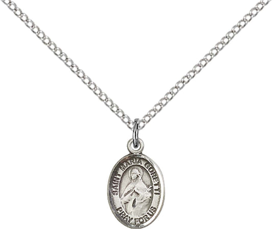 Sterling Silver St. Maria Goretti Pendant with 18 inch Sterling Silver Light Curb Chain - Small