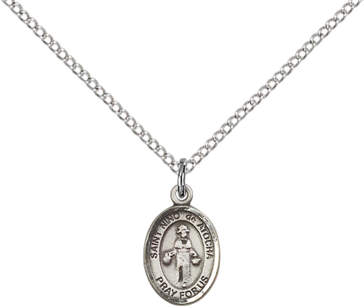 Sterling Silver St. Nino de Atocha Pendant with 18 inch Sterling Silver Light Curb Chain - Small