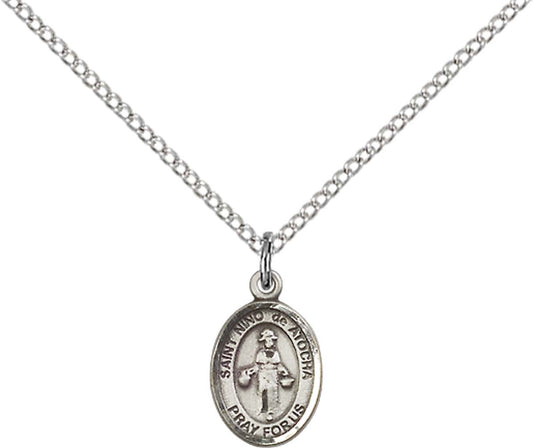 Sterling Silver St. Nino de Atocha Pendant with 18 inch Sterling Silver Light Curb Chain - Small