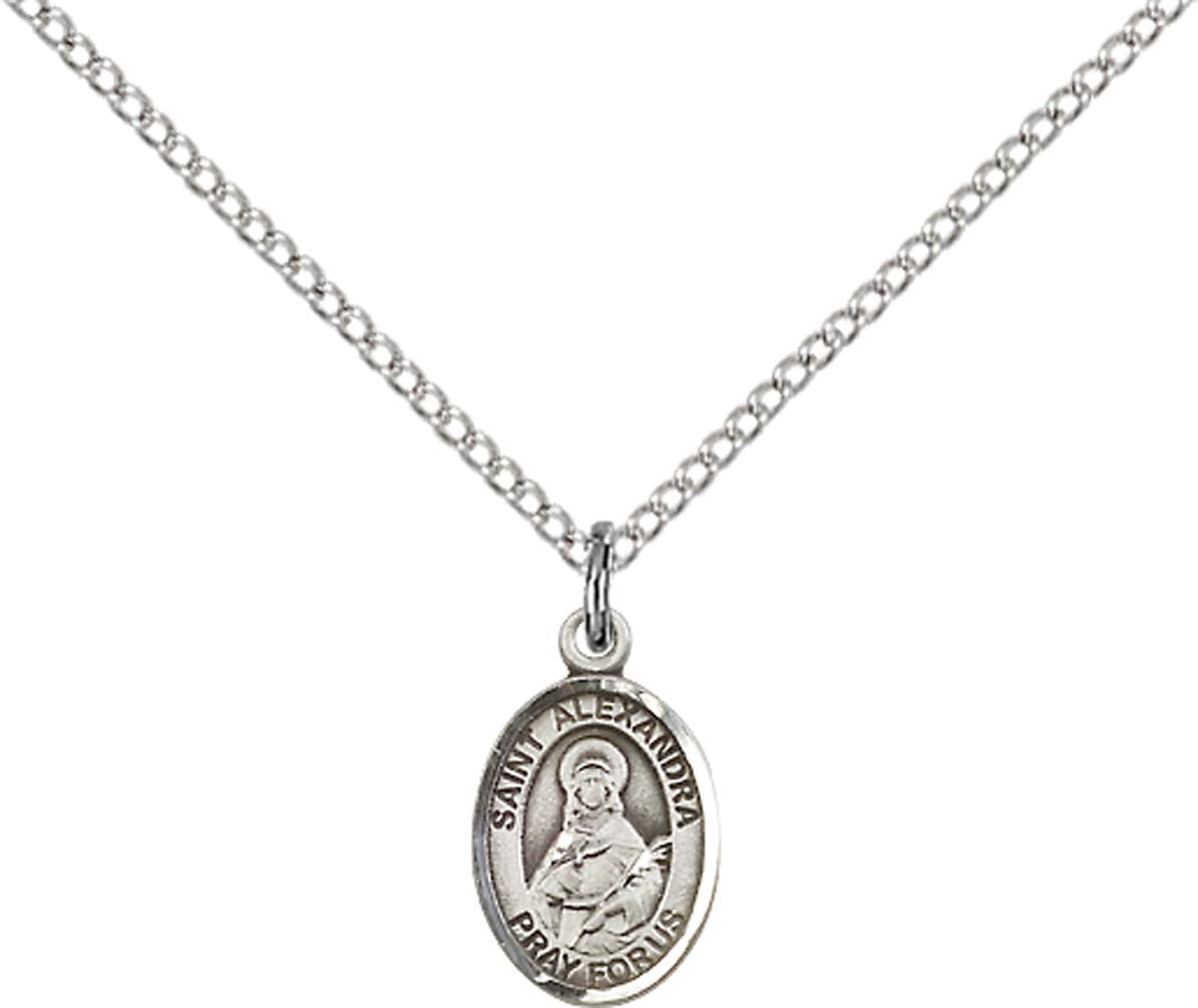 Sterling Silver St. Alexandra Pendant with 18 inch Sterling Silver Light Curb Chain - Small