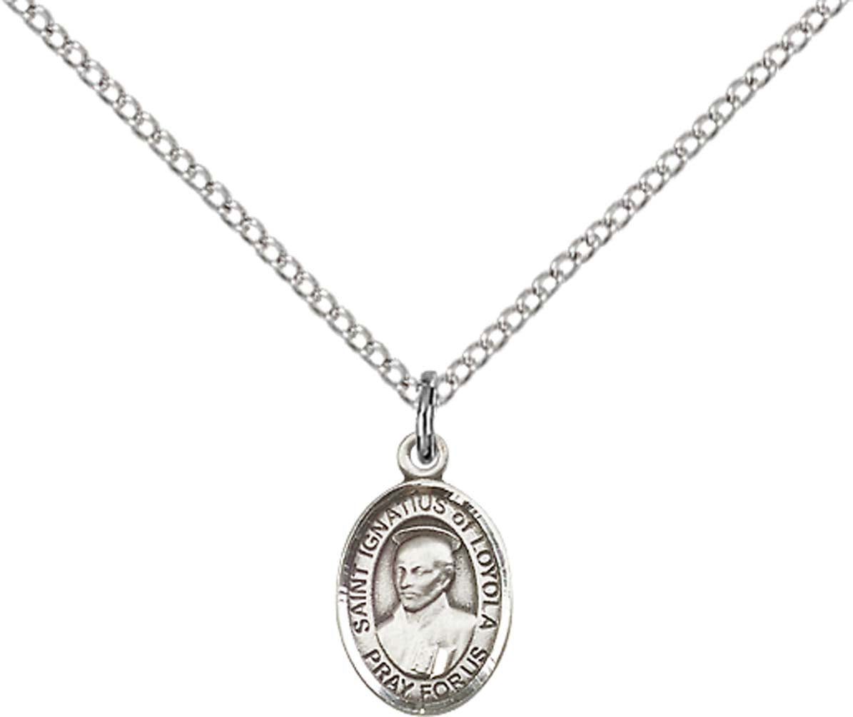 Sterling Silver St. Ignatius of Loyola Pendant with 18 inch Sterling Silver Light Curb Chain - Small