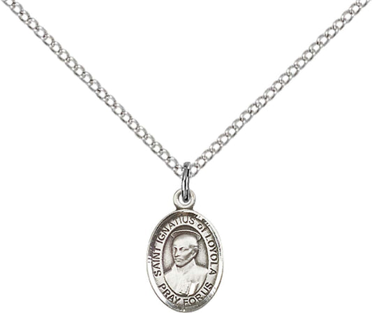 Sterling Silver St. Ignatius of Loyola Pendant with 18 inch Sterling Silver Light Curb Chain - Small