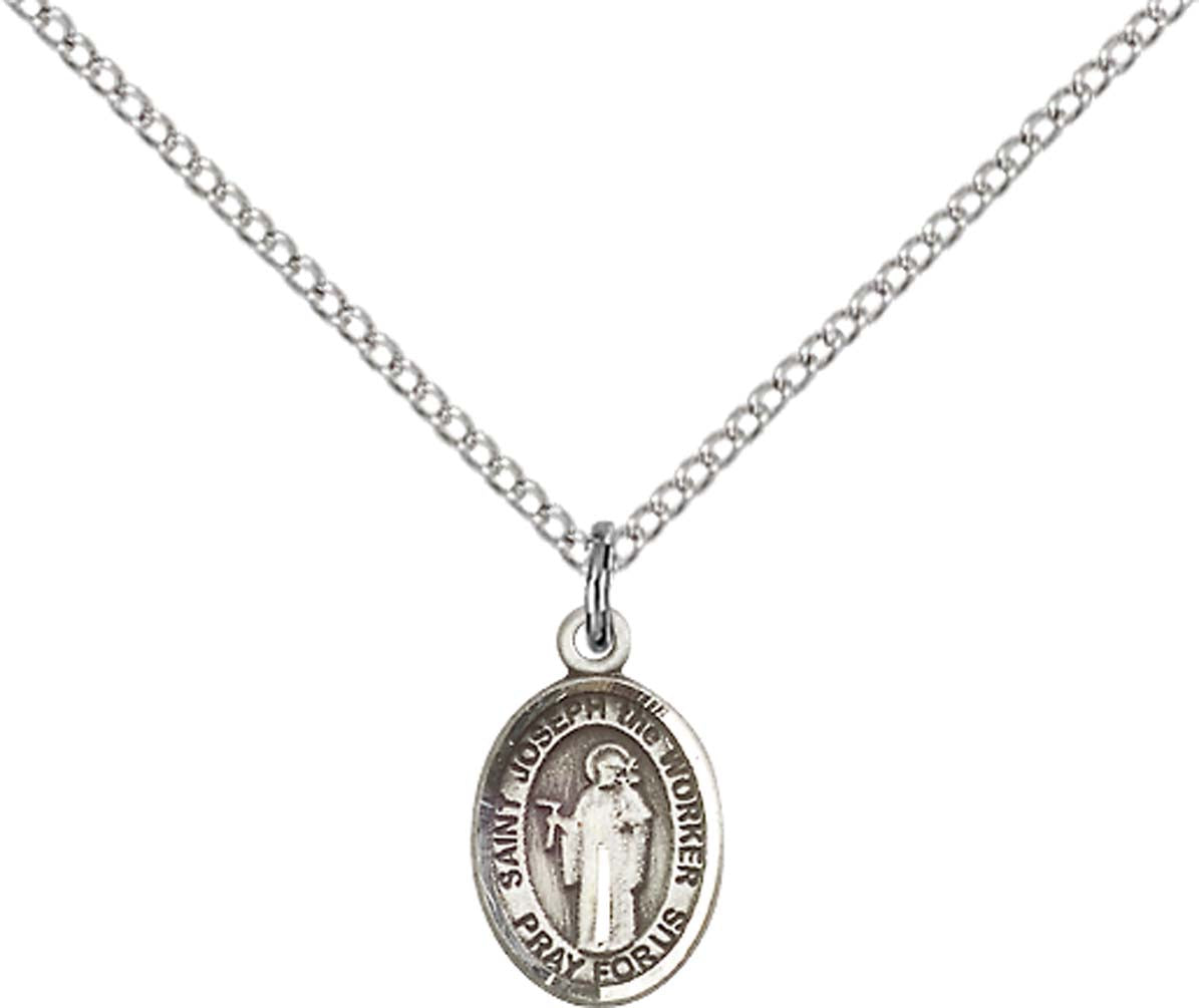 Sterling Silver St. Joseph The Worker Pendant with 18 inch Sterling Silver Light Curb Chain - Small