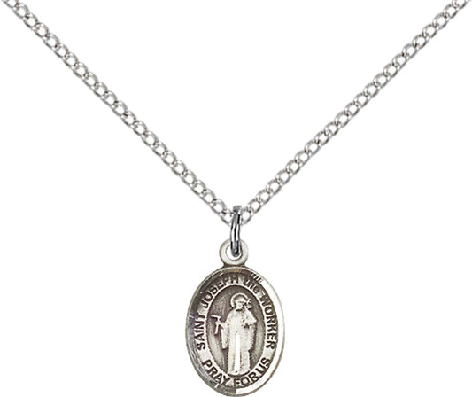 Sterling Silver St. Joseph The Worker Pendant with 18 inch Sterling Silver Light Curb Chain - Small