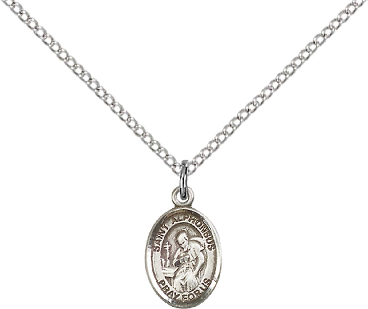 Sterling Silver St. Alphonsus Pendant with 18 inch Sterling Silver Light Curb Chain - Small