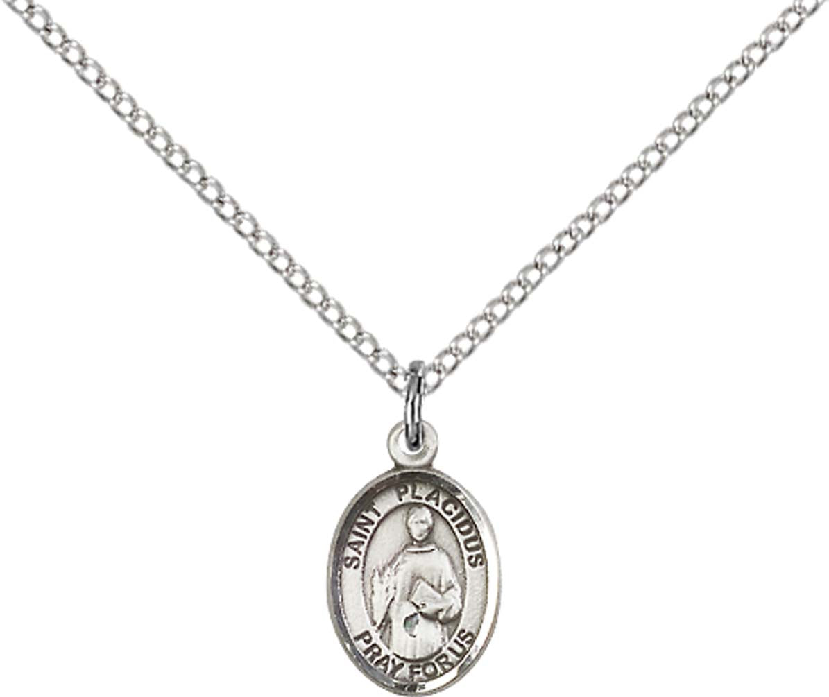 Sterling Silver St. Placidus Pendant with 18 inch Sterling Silver Light Curb Chain - Small