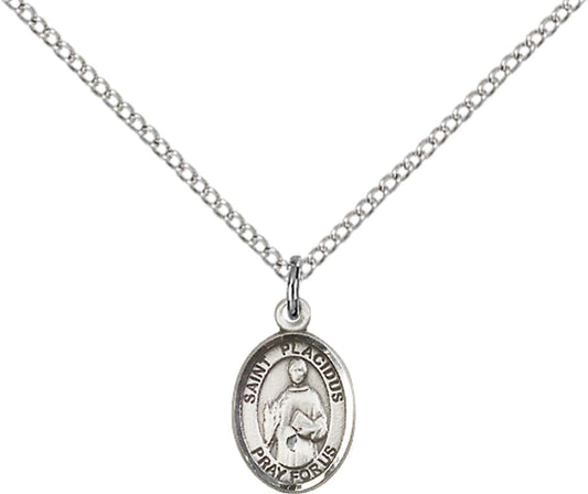 Sterling Silver St. Placidus Pendant with 18 inch Sterling Silver Light Curb Chain - Small