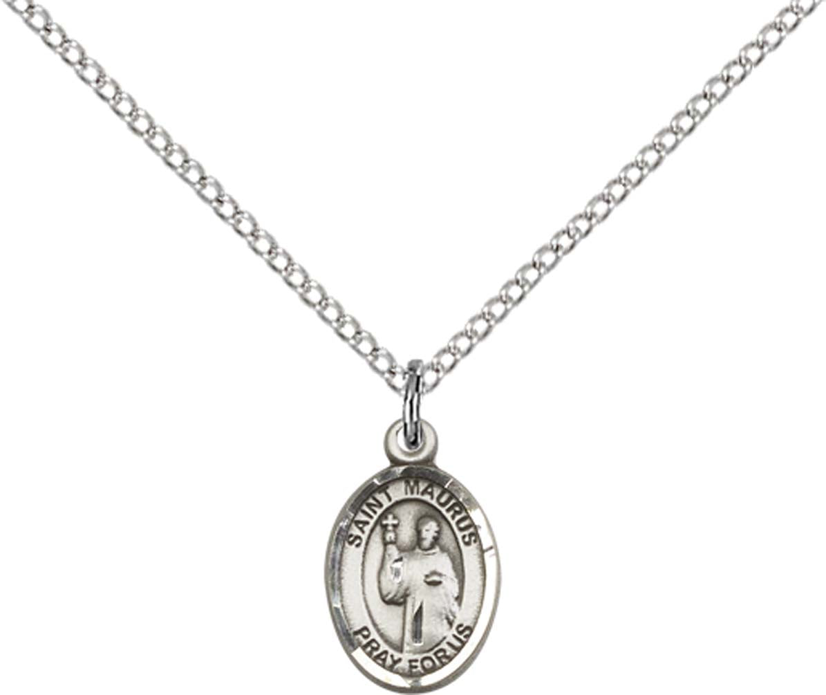 Sterling Silver St. Maurus Pendant with 18 inch Sterling Silver Light Curb Chain - Small