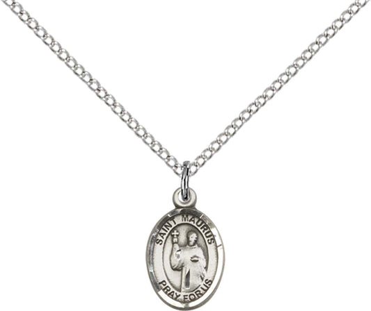 Sterling Silver St. Maurus Pendant with 18 inch Sterling Silver Light Curb Chain - Small
