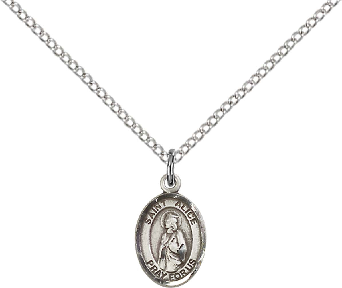 Sterling Silver St. Alice Pendant with 18 inch Sterling Silver Light Curb Chain - Small