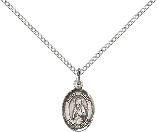 Sterling Silver St. Alice Pendant with 18 inch Sterling Silver Light Curb Chain - Small