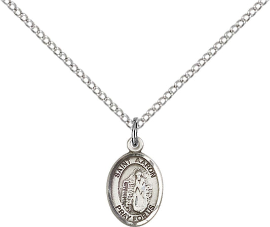 Sterling Silver St. Aaron Pendant with 18 inch Sterling Silver Light Curb Chain - Small