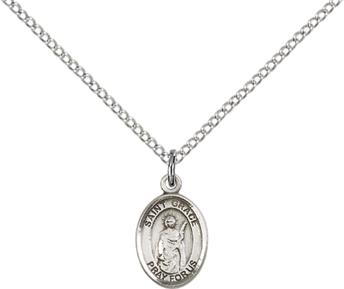 Sterling Silver St. Grace Pendant with 18 inch Sterling Silver Light Curb Chain - Small
