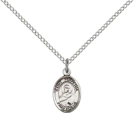Sterling Silver St. Perpetua Pendant with 18 inch Sterling Silver Light Curb Chain - Small