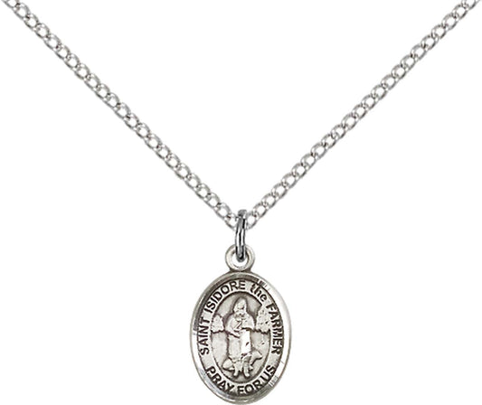 Sterling Silver St. Isidore the Farmer Pendant with 18 inch Sterling Silver Light Curb Chain - Small