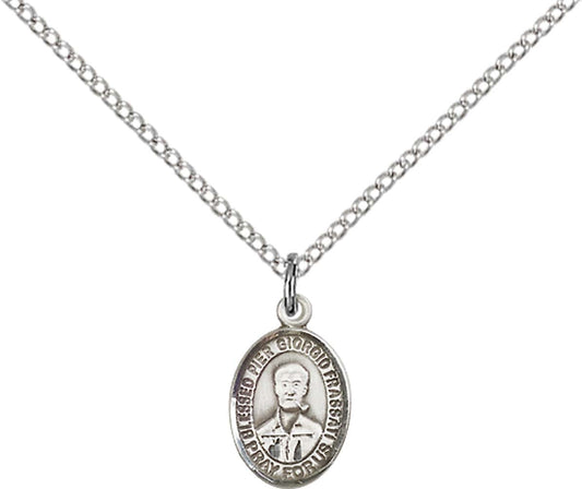 Sterling Silver Blessed Pier Giorgio Frassati Pend with 18 inch Sterling Silver Light Curb Chain - Small