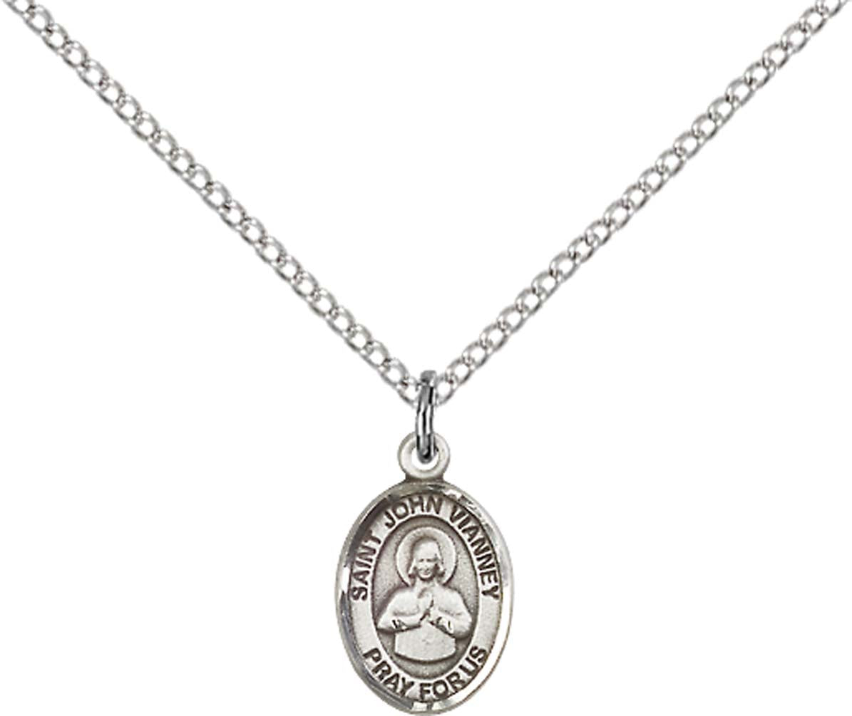 Sterling Silver St. John Vianney Pendant with 18 inch Sterling Silver Light Curb Chain - Small
