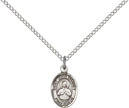 Sterling Silver St. John Vianney Pendant with 18 inch Sterling Silver Light Curb Chain - Small