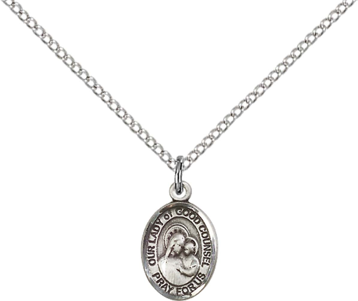 Sterling Silver O/L of Good Counsel Pendant with 18 inch Sterling Silver Light Curb Chain - Small