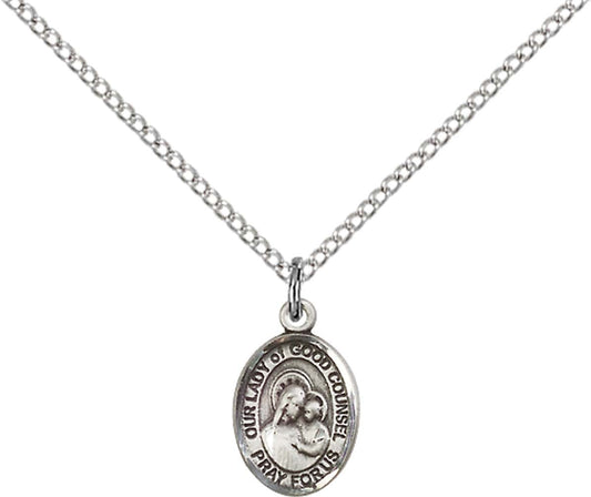 Sterling Silver O/L of Good Counsel Pendant with 18 inch Sterling Silver Light Curb Chain - Small