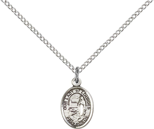 Sterling Silver O/L of Lourdes Pendant with 18 inch Sterling Silver Light Curb Chain - Small