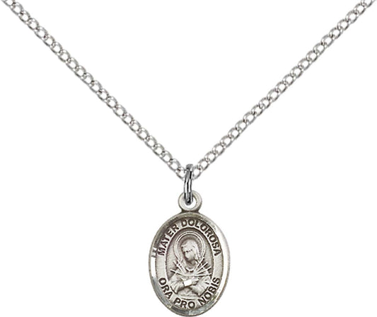 Sterling Silver Mater Dolorosa Pendant with 18 inch Sterling Silver Light Curb Chain - Small